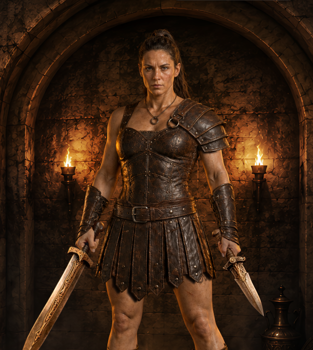Gladiatorin mit Lederrüstung und zwei Klingen