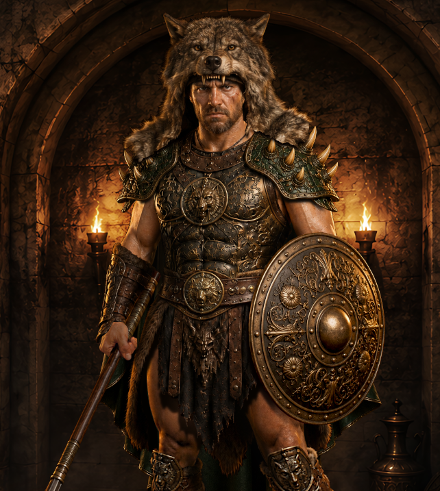 Gladiator mit Wolfsfell und Rundschild