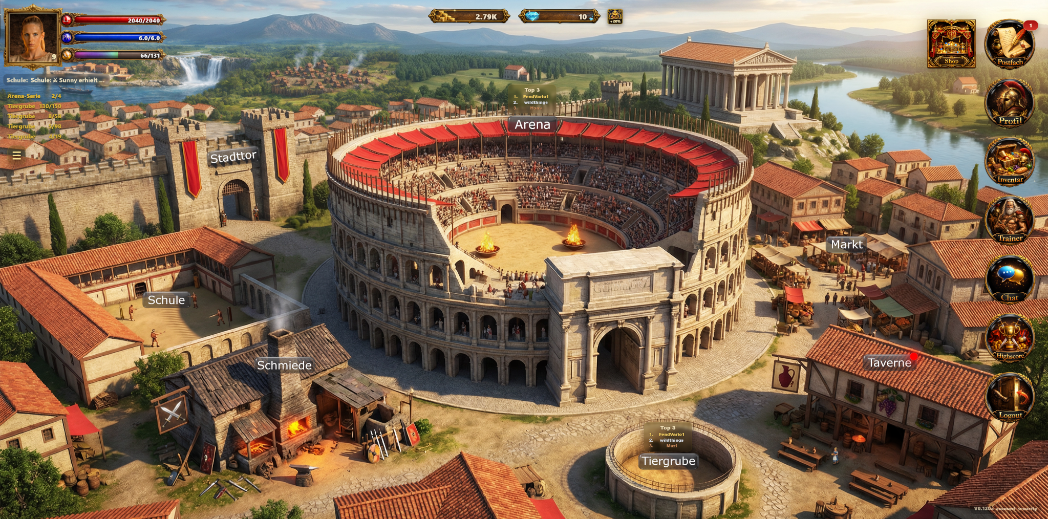Die Stadt von Gladiatorz mit Arena, Markt, Schmiede, Schule, Taverne und Tiergrube